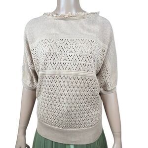NWT Kobi Halperin Tan Open Stitch Fringe Pullover Sweater Top S